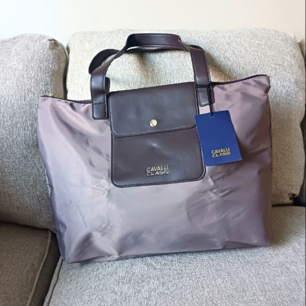Cavalli Class brown and taupe nylon tote bag
